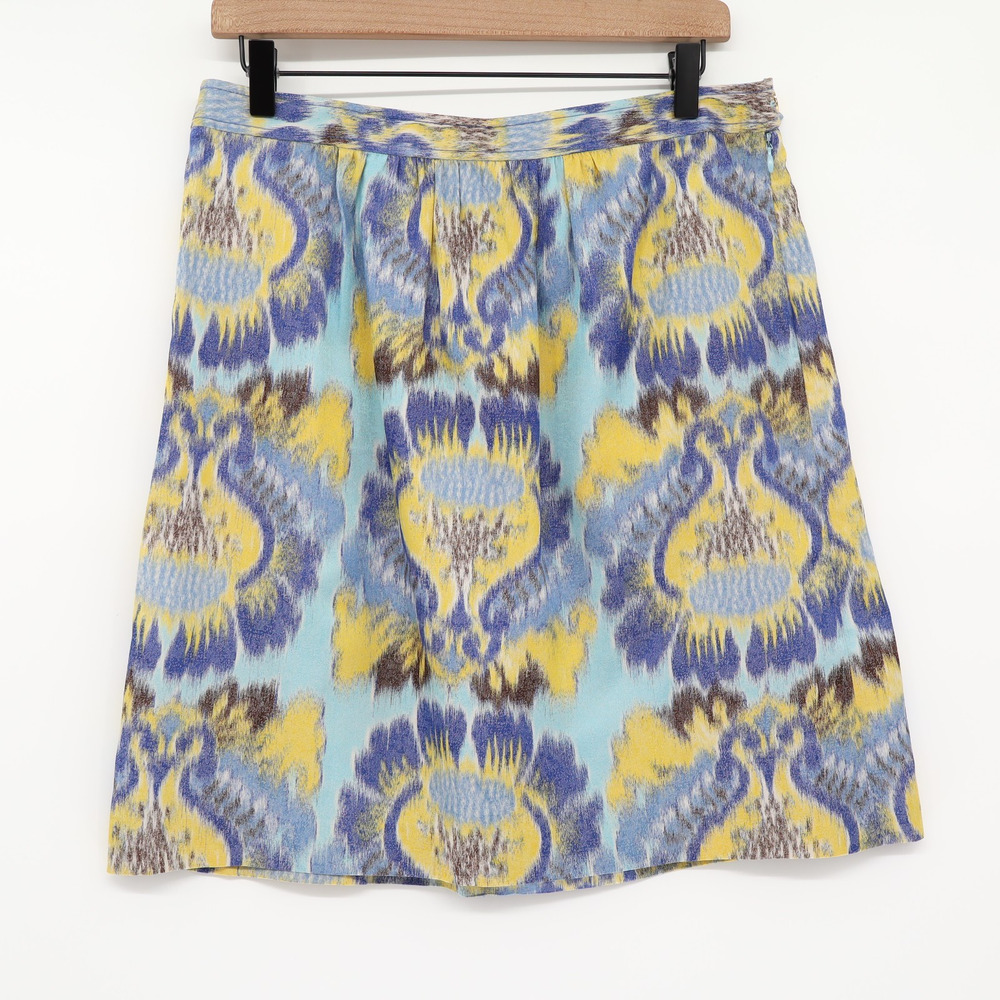 Tory Burch Sz10 Silk Blend A-Line Skirt Blue/Gold Abstract Print Glam Luxury